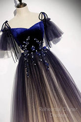 Beautiful Velvet And Gradient Tulle Long Party Dress, Straps Long Evening Gown